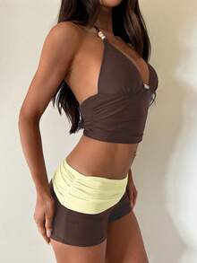 Women's Halter Tankini Swimwear Shorts Set, Suitable For World Cup, Casual Summer Vacation Beach Wear Brown - Brown - View 6
