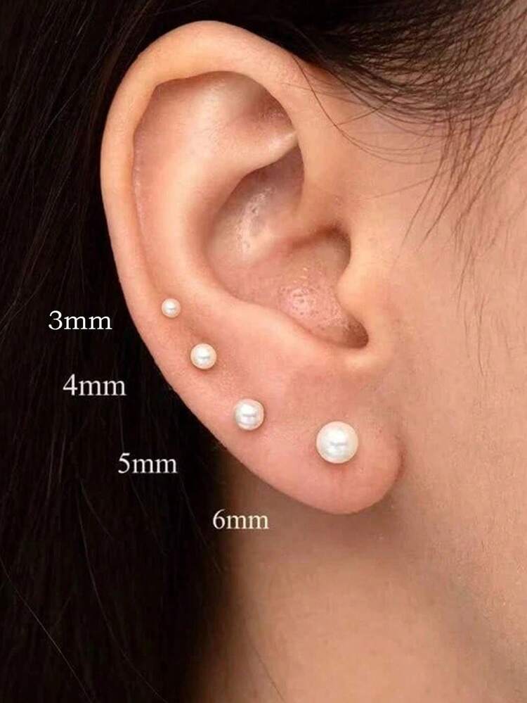 4Pairs Stainless Steel Screw Back Pearl Stud Earrings For Women, 14K Gold Plated Flat Back Hypoallergenic Ear Piercing Jewelry Gift For Daily Party - 4Pairs 3-6mm - View 1