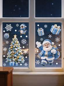 Christmas Window Decals Easy Peel Easy Stick No Residue Double-Sided Window Stickers - Includes Snowman, Blue Santa Claus, Deer, Penguin, Christmas Tree, Gift Box, Bell Wreath, Paired With Snowflake Pattern, Printed With Merry Christmas Text - Multicolor - View 5