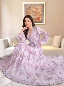 Women's Elegant Modern Romantic Floral Long Sleeve Ruffle Patchwork Design Slimming Flared Dress Vacation - Mauve Purple - View 1