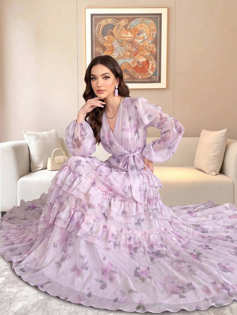 Women's Elegant Modern Romantic Floral Long Sleeve Ruffle Patchwork Design Slimming Flared Dress Vacation - Mauve Purple - View 1