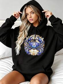 Halloween Gothic Punk Style Printed Black Hoodie,Plus-Size Women's Cancer Zodiac Crab Hoodie - Elegant Blue And Gold Sweatshirt With Crab And Cancer S - Black - View 1