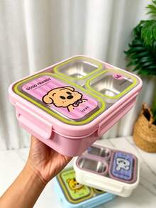 Cute Cartoon Print 3-Compartment 304 Stainless Steel Bento Box, Leak-Proof Portable Divided Lunch Box, Multi-Compartment Fresh-Keeping Meal Container For Students, Office Workers And Outdoor Use - Multicolor - View 3