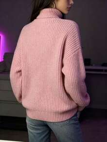 Women's High Neck Knit Sweater Pullover, Slouchy Ribbed Soft Elegant Casual Solid Color Versatile Top - Pink - View 2
