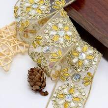 2-Inch Gold Metallic Thread Embroidered Floral Mesh Lace Trim For Bridal Headband Hairband Bow Decoration - Multicolor - View 5