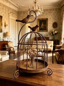 Vintage Distressed Metal Birdcage Candle Holder, European Style Hollow Iron Candle Tray With Bird Ornament, Decorative Table Centerpiece For Dining Table Entryway, Ideal Candlelight Dinner Home Decor Ornament - Regular Model - View 3