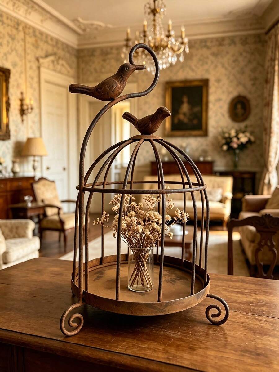 Vintage Distressed Metal Birdcage Candle Holder, European Style Hollow Iron Candle Tray With Bird Decor, Decorative Tabletop Entryway Centerpiece, Suitable For Candlelight Dinner Home Decor - Regular Model - View 1