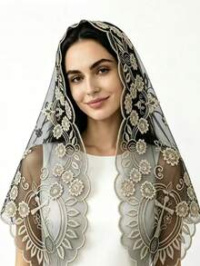 1pc Paisley Pattern Bohemian Polyester Black Apricot Lace Embroidered Triangle Veil Bridal Headscarf All Seasons - Black Apricot - View 5