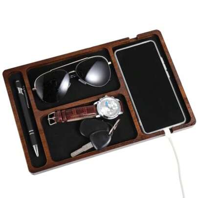 11.6*7.7*0.6" Wood Valet Tray For Men, Key Tray For Men, Acacia Wood Men's EDC Storage Dish For Nightstand, Desk Trays With Phone And Watch Slots