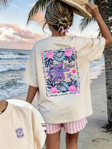 Girls Summer "Ocean Season" Starfish & Shell Print T-Shirt, Casual Round Neck Beach Style Short Sleeve Top - Apricot - View 11
