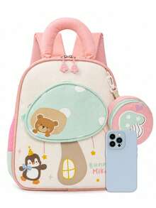 Nueva mochila estilo universitario ligera cómoda linda con bloques de color y dibujos animados bolso de hombro para estudiantes simple versátil mochila de campus - Verde claro - Ver 3