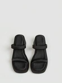 Women's Black Satin Double Strap Thick Sole Wedge Sandals, Square Toe Open Toe Slip-On Summer Casual Slides - Black - View 1