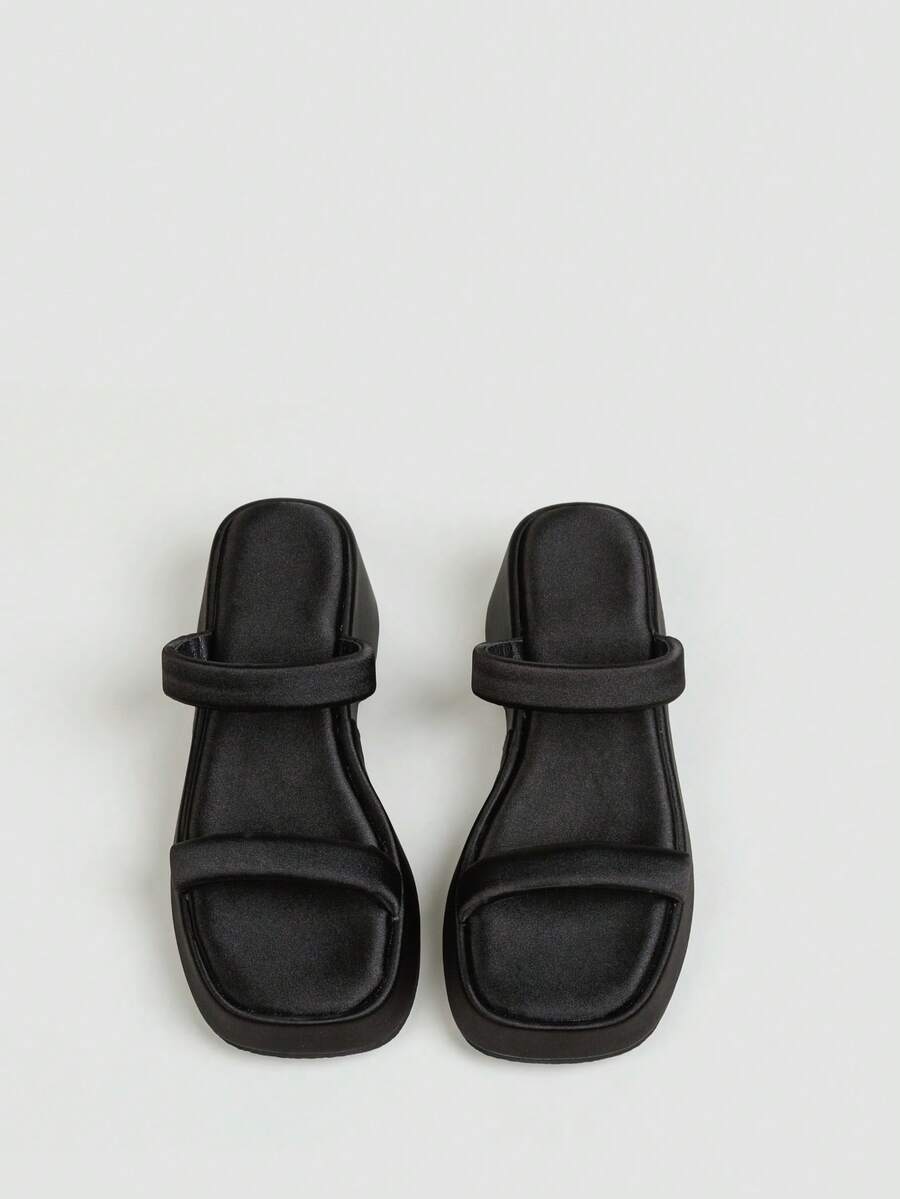 Women's Black Satin Double Strap Thick Sole Wedge Sandals, Square Toe Open Toe Slip-On Summer Casual Slides - Black - View 1