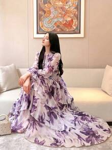 女款新款優雅小立領現代浪漫花卉長袖蛋糕層拼接設計時尚奢華收腰喇叭裙 - 紫色 - 查看 1