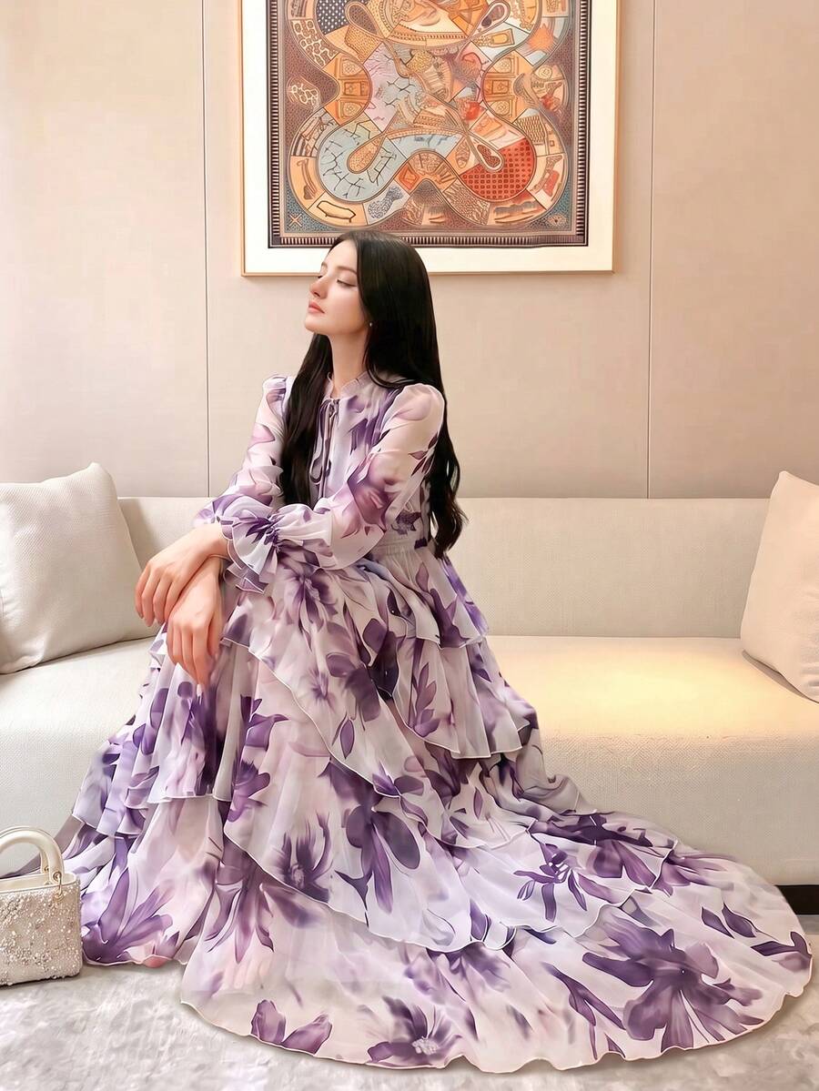 女款新款優雅小立領現代浪漫花卉長袖蛋糕層拼接設計時尚奢華收腰喇叭裙 - 紫色 - 查看 1