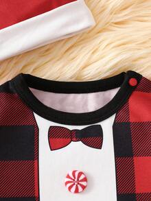 Christmas Newborn Baby Boy & Girl Cute Cartoon Red Plaid Print Long Sleeve Romper + Hat 2pcs Set, Spring & Autumn - Red - View 4