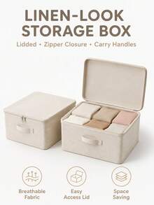 Foldable Linen Storage Box With Zipper Lid, Washable Dust-Proof Clothing Storage Bin With Handle, Collapsible Wardrobe Organizer, Suitable For Underwear, Clothing, Bedding And Miscellaneous Items - Beige - View 3