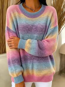 Fashionable Women's Plus Size Long Sleeve Rainbow Sweater, Round Neck Drop Shoulder Knit Pullover, Autumn/Winter Women's Clothing - Multicolor - View 7