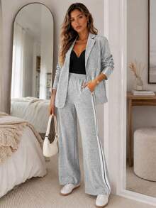 Set de 2 piezas con chaqueta de botones con cuello con muesca y cinta deportiva a los lados, emparejada con pantalones con bolsillos, elegante para primavera - Gris Claro - Ver 6