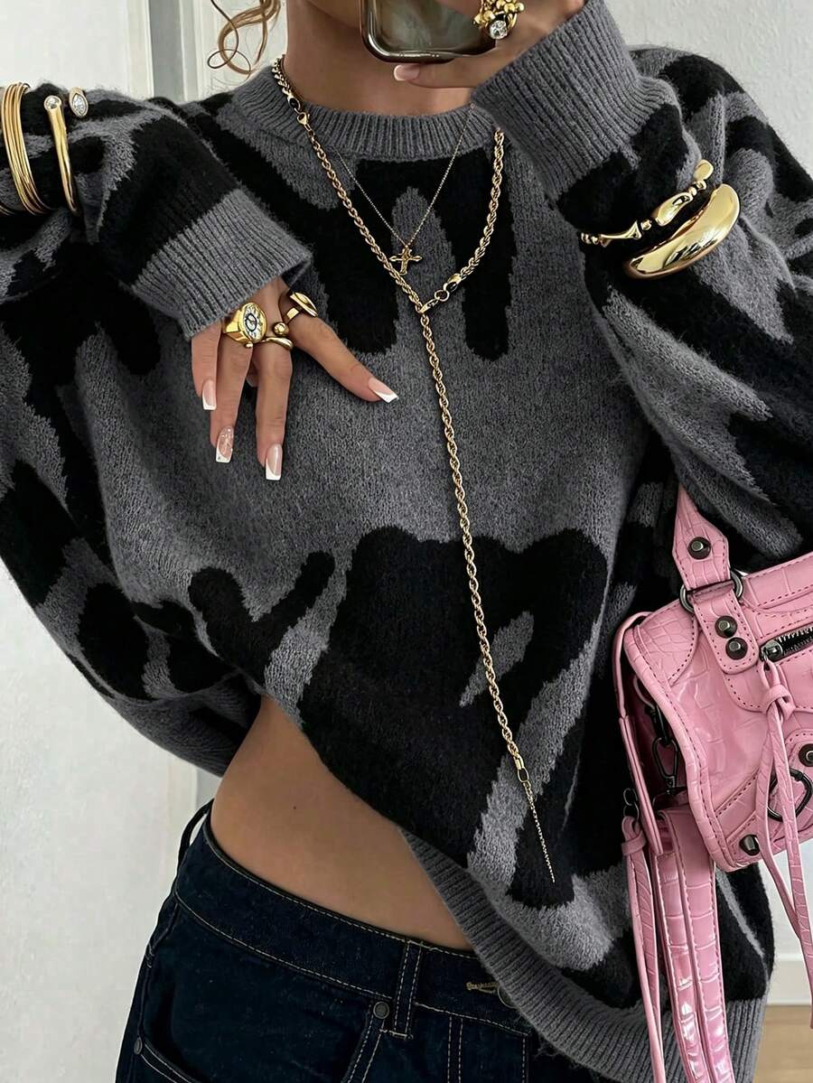 Fashionable Pattern Round Neck Long Sleeve Casual Pullover Sweater, Drop Shoulder Printed Letter Design Fall Elegant - Multicolor - View 1