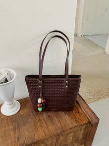 Woven Texture Versatile Shoulder Bag Women's 2026 Artistic Tote Bag Fashion Commute Handbag With Pendant - Coffee - View 7