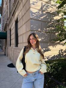 Vivid Style Butter Yellow Knit Sweater Women Lapel Collar Half Button Henley Pullover Loose Long Sleeve Soft Knitted Jumper Top Ribbed Hem - Yellow - View 2