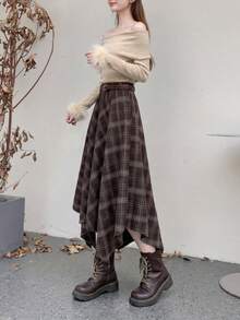 Elegant Women's Mid-Length Asymmetric Plaid Skirt, Woven Non-Stretch Fabric, Creating Fashionable Autumn Outfit - Coffee Brown - View 7