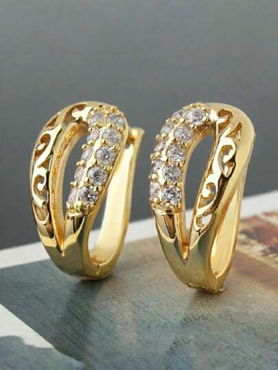1 Pair Elegant Cubic Zirconia Hoop Earrings, Women's Wedding Anniversary Accessory Gift
