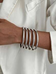 5pcs/Set Vintage Fashion Geometric Curved Smooth Plain Metal Bangles For Women, Elegant Glamorous Daily Casual Party Gathering Vacation Travel Couple Date Holiday Versatile Jewelry Bracelet Gift - Bracelet - View 8