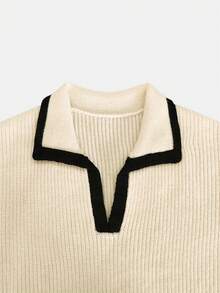 Women's Polo Collar Colorblock Ribbed Loose Casual Long Sleeve Knit Pullover, Autumn/Winter New Beige With Black Trim Soft Lazy Sweater - Apricot - View 6