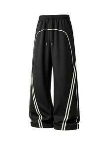 Men's Spring/Autumn Striped Drawstring Waist Pocket Casual Straight Leg Long Pants - Black - View 2
