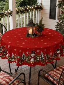 1pc Red Snowman Christmas Tablecloth, Holiday Polyester Rectangular Tablecloth, Printed With Snowflakes, Pine Tree Wreath, Holly Berries And Border Pattern, Suitable For Kitchen Decor, Home Decor, Room Decor, Christmas Home Decor And Classroom Decor - Multicolor - View 3
