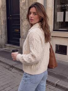 Winter White Cable Knit Zip-Up Cardigan Jacket With Turn-Down Collar And Long Sleeves, Suitable For Christmas And Daily Wear Vacation - White - View 2