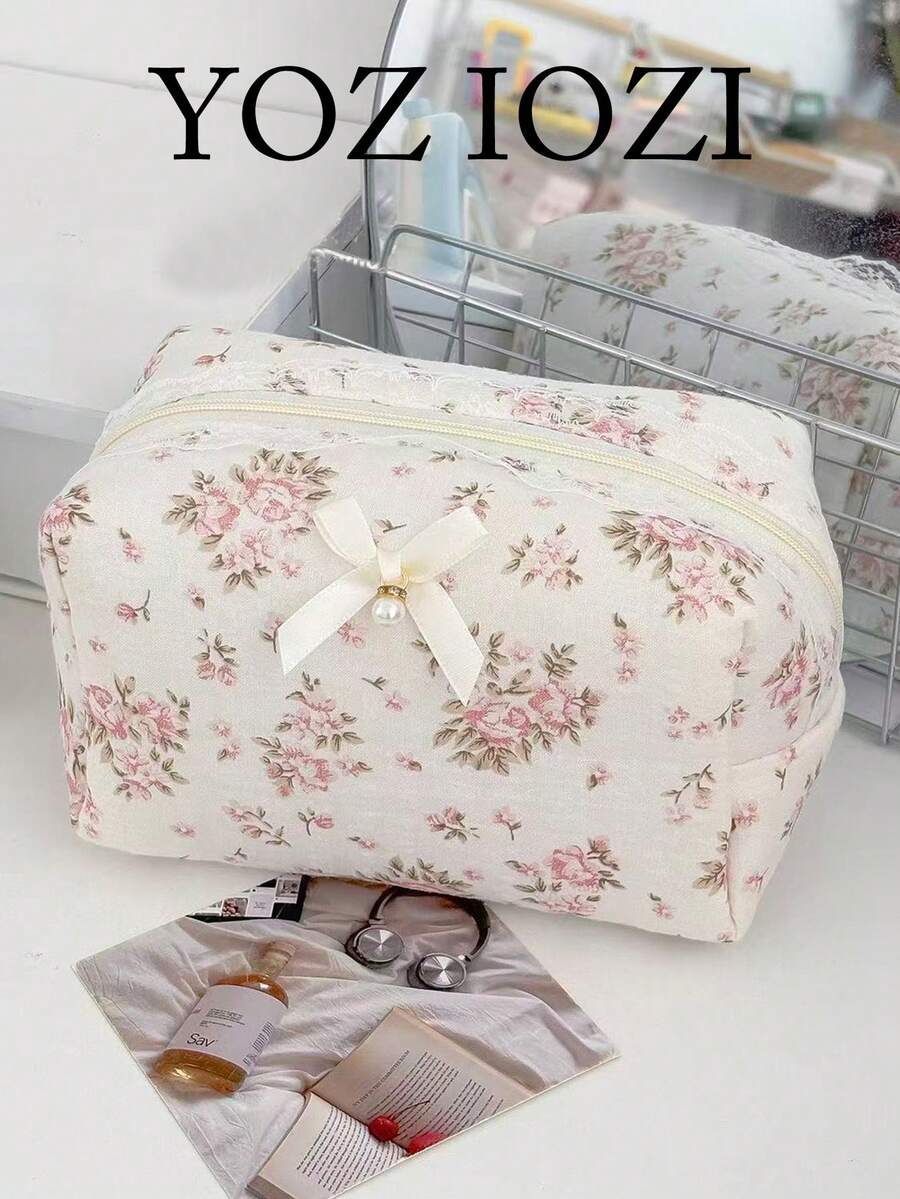 日系小眾設計 INS 風格蕾絲花卉筆袋 女款 大容量旅行便攜手提包 3D 化妝收納包 - 白色 - 查看 1