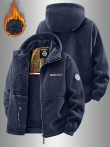 Men's Winter Thick Fleece Jacket, With Multiple Zipper Pockets, Hooded Cardigan Jacket, Suitable For Outdoor Activities - Navy Blue - View 1