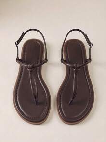 HighSole Sandalias planas para mujer con tira en el dedo, cómodas para primavera/verano, uso exterior/interior, moda minimalista, adecuadas para vacaciones, desplazamientos diarios, zapatos de verano de estilo retro elegante - Café - Ver 1