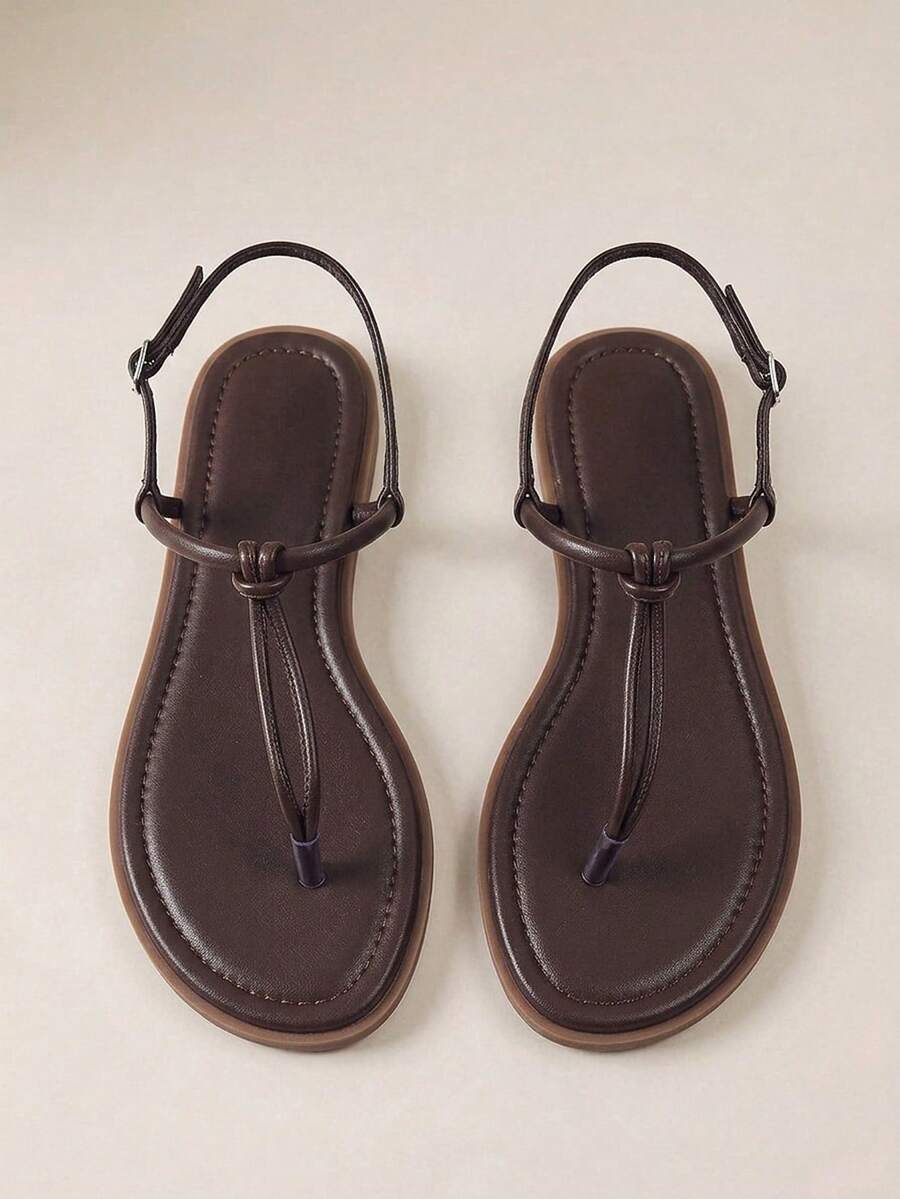 HighSole Sandalias planas para mujer con tira en el dedo, cómodas para primavera/verano, uso exterior/interior, moda minimalista, adecuadas para vacaciones, desplazamientos diarios, zapatos de verano de estilo retro elegante - Café - Ver 1