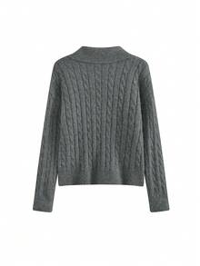 Korean Style Polo Collar Cable Knit Pullover Long Sleeve Sexy Sweater For Women - Dark Grey - View 3