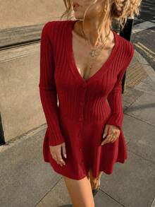 Y2K Elegant Autumn Minimalist Front Button Slim Fit V-Neck Long Sleeve A-Line Flared Hem Ribbed Knit Sweater Dress, Casual Party Holiday Christmas Outfit - Red - View 6
