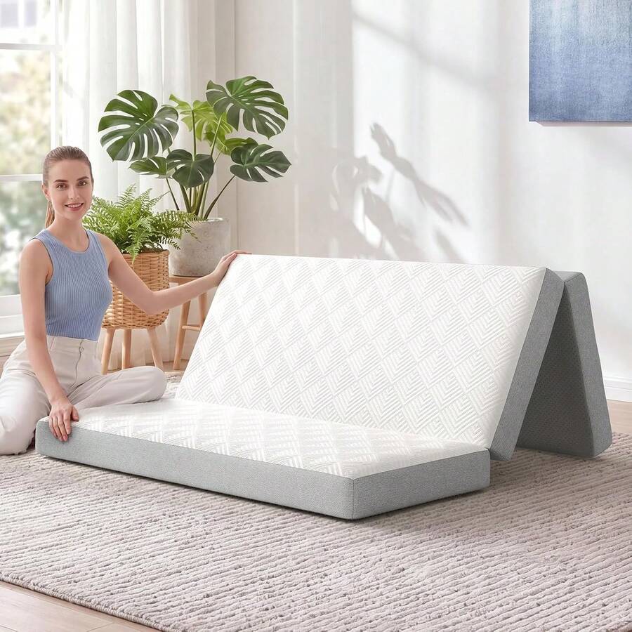 Tri Fold Foldable Mattress 4 Inch Memory Foam Portable Folding Floor Guest Bed Convertible Lounger Mat With Removable Washable Cover Storage Bag Non Slip Bottom For Camping Travel Home RV White - Full - View 1