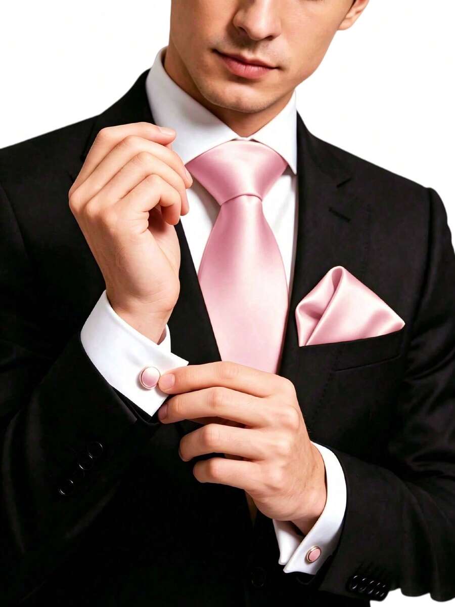 1套男士8cm緞面領帶、口袋巾與袖扣套組,適合商務會議、婚禮派對,新郎領帶套組 - 淺粉色 - 查看 1