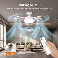 Ventilador de Teto Luminária E27 Ventilação 360°, Controle Remoto, Luz LED Quente e Fria, Silencioso para Quarto Sala de Jantar - Branco - Visão 6