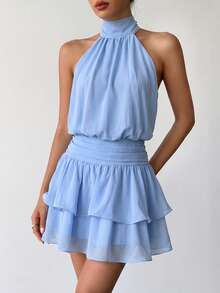 Elegant Fashionable Blue Halter Neck Backless Layered Ruffle Mini Dress - Wedding Party Fall - Baby Blue - View 6
