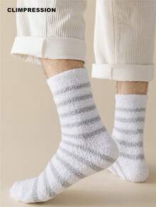 CLIMPRESSION Unisex Striped Plush Mid-Calf Socks, Neutral Fine Striped Coral Fleece Fluffy Home Socks, Soft Warm Winter Comfortable Sleep & Leisure Socks - Multicolor - View 1