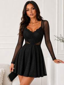 Glitter Sheer Mesh See Through Contrast Lace Long Sleeve Mini Dress Deep V Neck A Line Dresses Black Elegant - Black - View 6