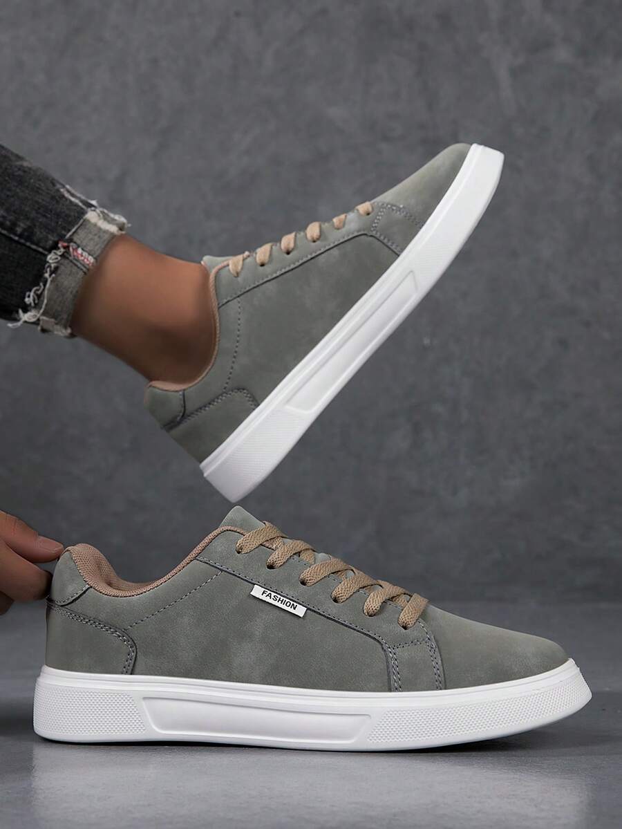 Men's Solid Color Lace-Up Low-Top Round Toe Minimalist Casual Sneakers For Daily Wear - Dark Military Green - View 1