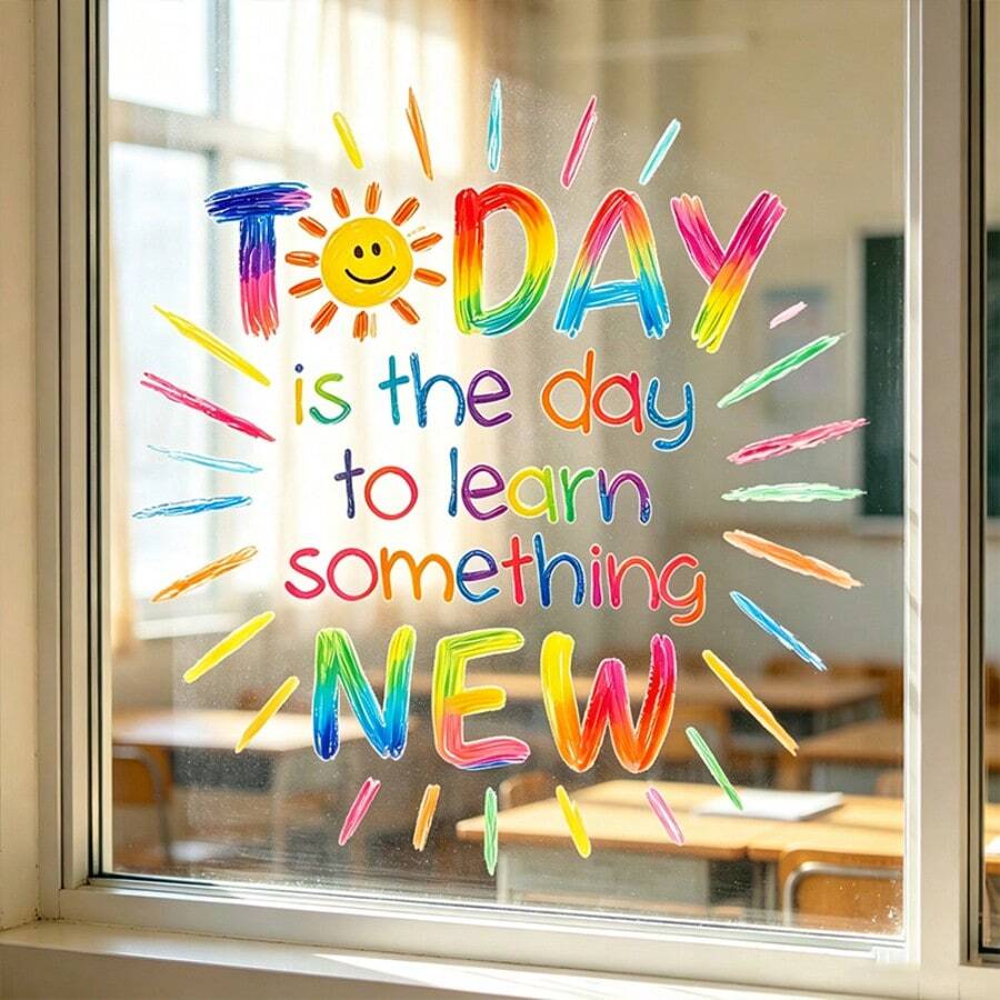 1pc Colorful Sun Motivational Learning Quotes Window Sticker, Double-Sided Visible PVC Static Glass Decal, Suitable For Classroom, Library, Bedroom, And Other Spaces Decoration - Multicolor - View 1