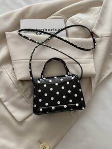 Mini Polka Dot Pattern Fashion PU Designer Style Elegant Women's Flap Top Small Handbag, Square Crossbody Shoulder Bag - Black - View 9
