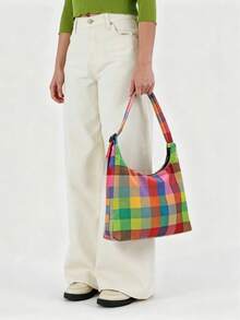 Nylon Shoulder Bag, Casual Bohemian Style Commuter Work Bag, Fashionable Large Capacity Handbag With Key Lanyard, Everyday Tote Bag - Multicolor - View 1