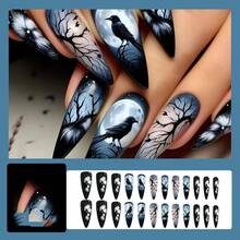 10pcs Halloween Wearable Nails Black & White Ghost Face Spider Web Skull Bat Horror Style Short Square False Nail Tips - Blue and White - View 10